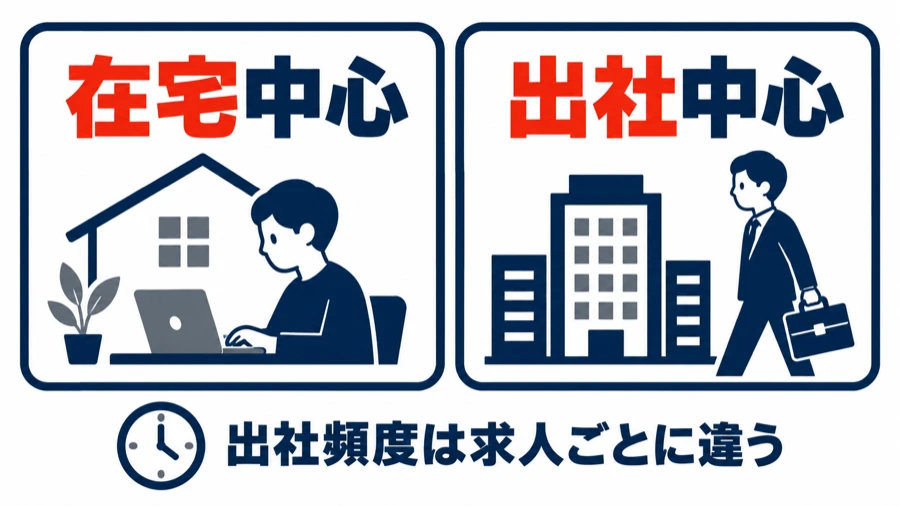 ミスミの求人ごとに在宅中心から出社中心まで出社頻度が違うことを示す図