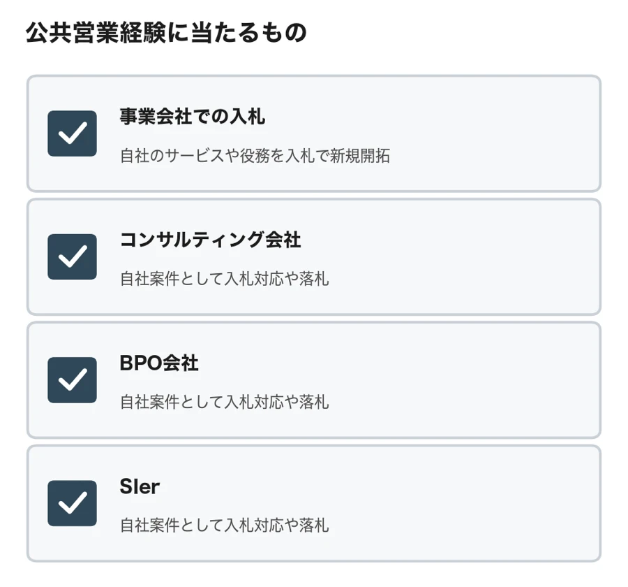 調達インフォ セールスの公共営業経験に当たるもの（事業会社で自社のサービスや役務を入札で新規開拓、コンサルティング会社・BPO会社・SIerで自社案件として入札対応や落札）