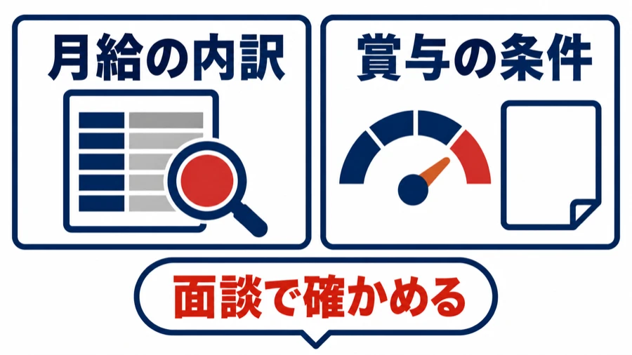 オファー面談で月給の内訳と賞与の条件を確かめることを示す図